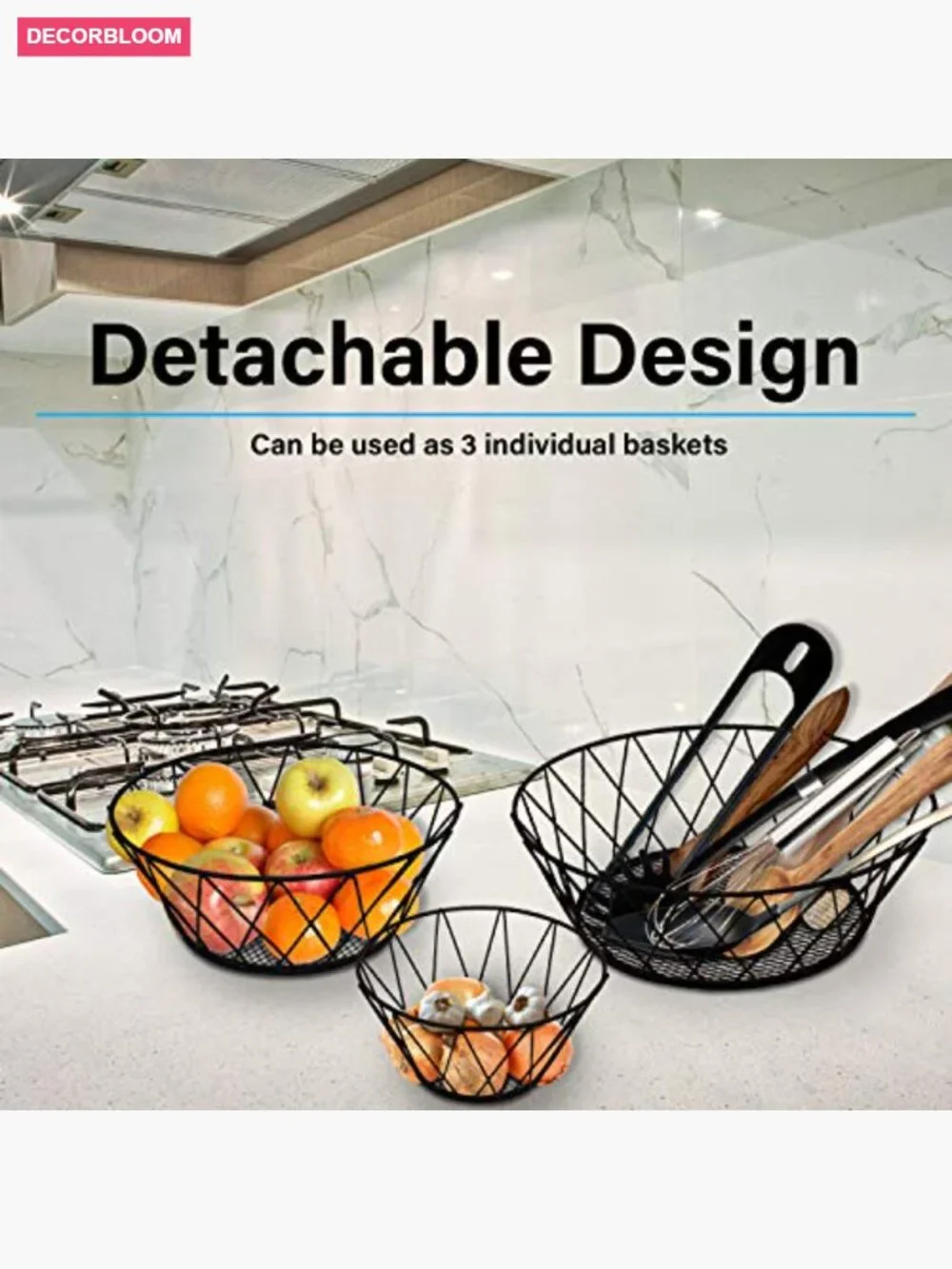 3 Tier Hanging Fruit Basket, Heavy Duty Iron Kitchen Storage